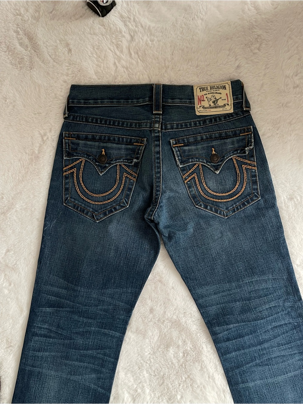 True Religion Men’s Dark Blue Slim Straight Jeans with Signature Back Pockets